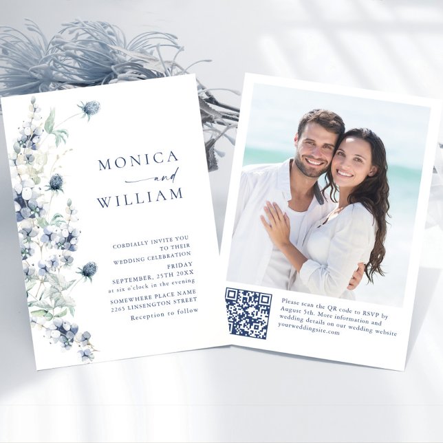Elegant Dusty Blue Boho Winter Foliage Wedding Invitation (Creator Uploaded)