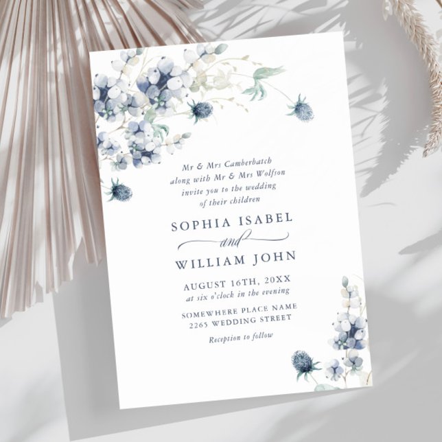 Elegant Dusty Blue Boho Winter Foliage Wedding Invitation (Creator Uploaded)
