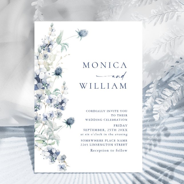 Elegant Dusty Blue Boho Winter Foliage Wedding Invitation (Creator Uploaded)