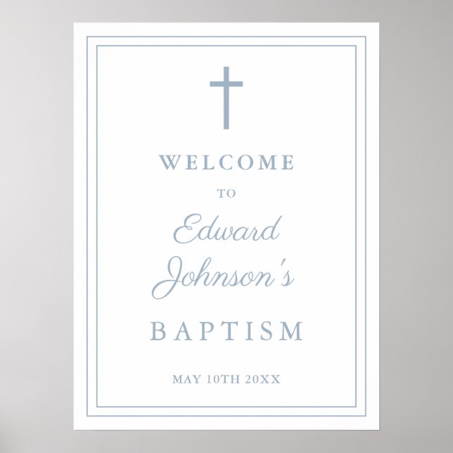 Elegant Dusty Blue Border Baptism Welcome Sign (Front)