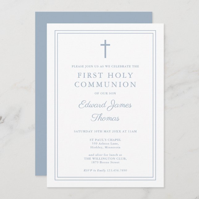 Elegant Dusty Blue Border First Holy Communion Invitation (Front/Back)