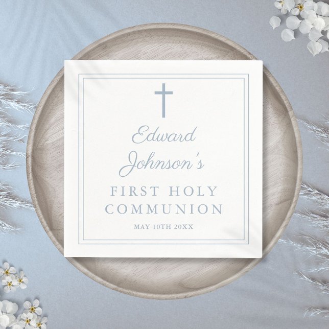 Elegant Dusty Blue Border First Holy Communion Napkin (Elegant Dusty Blue Border First Holy Communion Napkins)