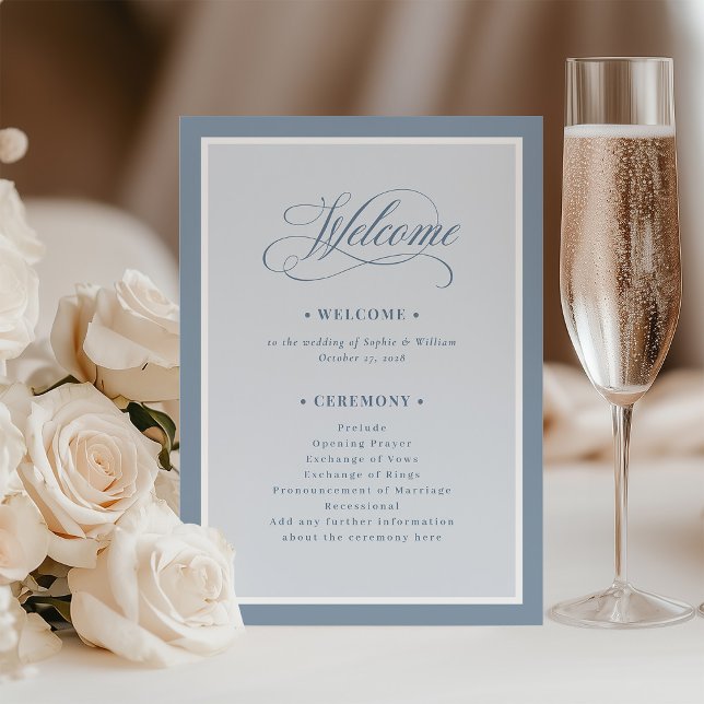 Elegant Dusty Blue Border | Luxe Wedding Welcome Program (Creator Uploaded)