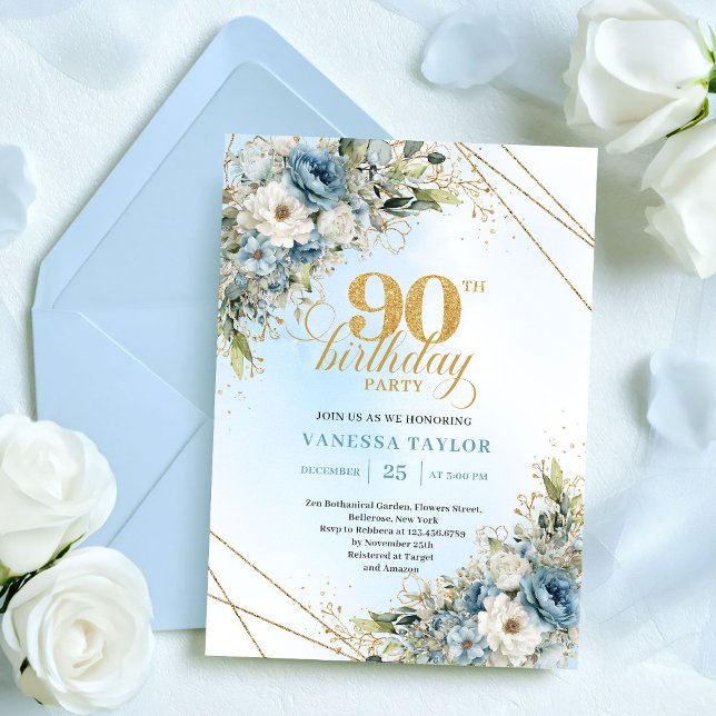 Elegant Dusty Blue Botanical 90th Birthday Invite (Elegant Dusty Blue Botanical 90th Birthday Invite

)