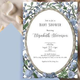 Elegant Dusty Blue Botanical Floral Baby Shower  Invitation