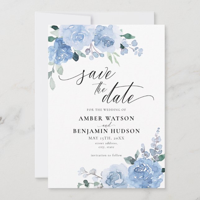 Elegant Dusty Blue Botanical Floral Save The Date Invitation (Front)