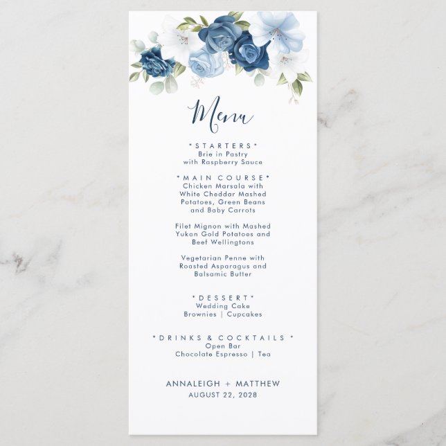 Elegant Dusty Blue Botanical Greenery Wedding Menu (Front)