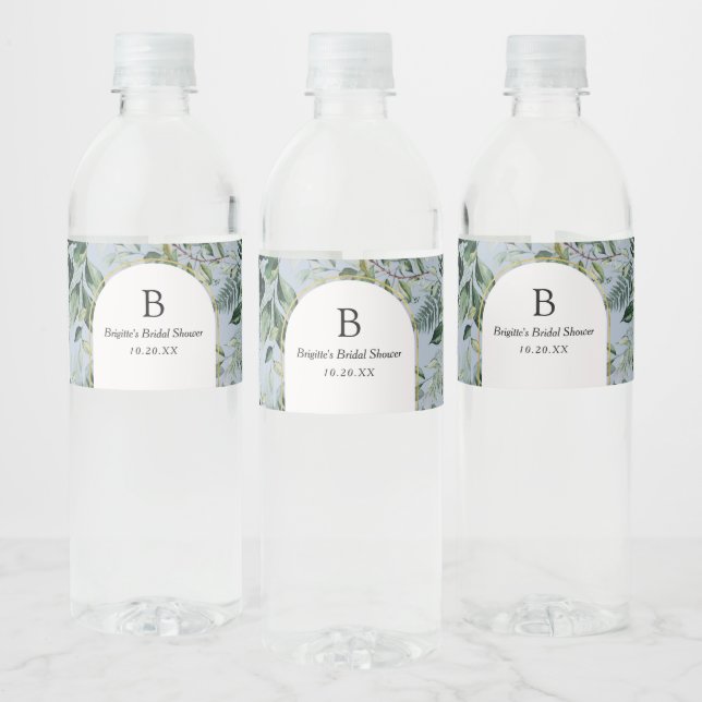 Elegant Dusty Blue Botanical Greenery wedding Water Bottle Label (Bottles)