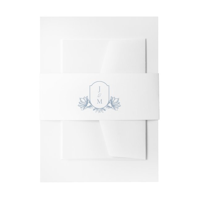 Elegant Dusty Blue Botanical Monogram Crest Invitation Belly Band (Front Example)