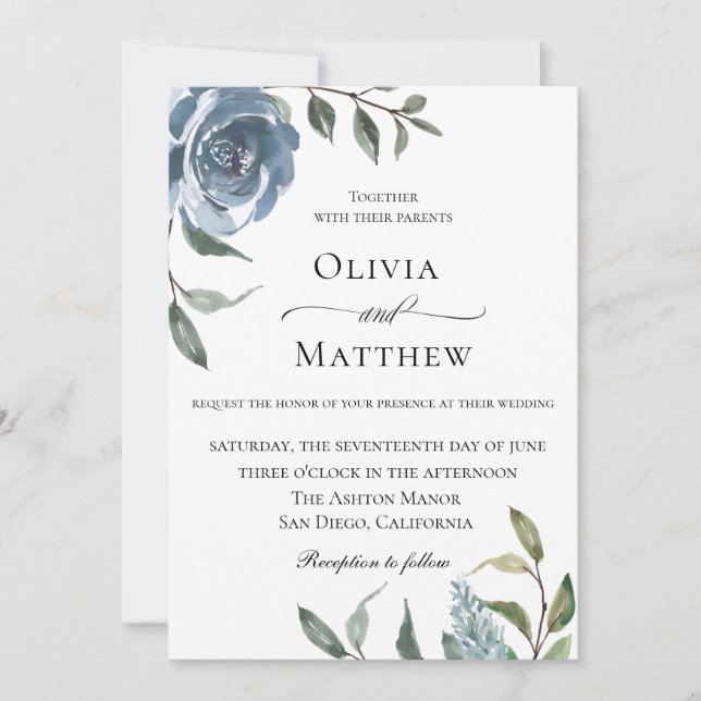 Elegant Dusty Blue Botanical Wedding Invitation (Front)