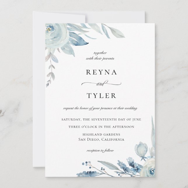 Elegant Dusty Blue Botanical Wedding Invitation (Front)