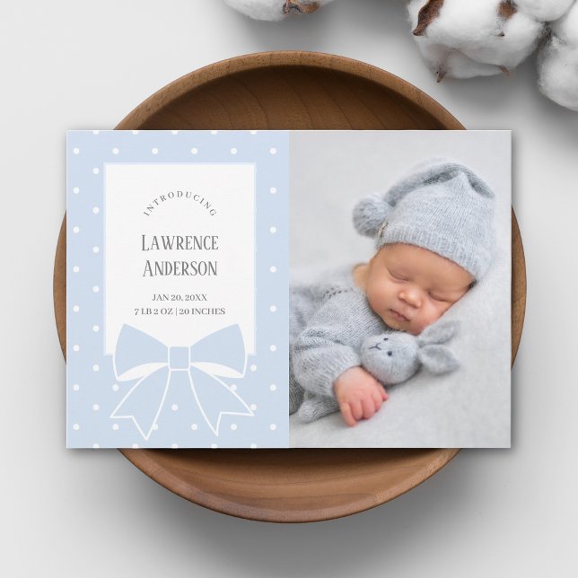 Elegant Dusty Blue Bow Baby Boy 2 Photo Birth Announcement (Creator Uploaded)