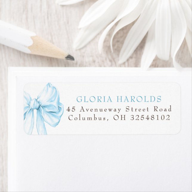 Elegant Dusty Blue Bow Bridal Shower Return Address Label (Insitu)
