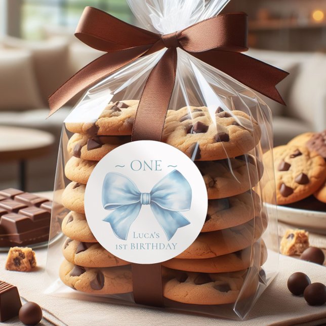 Elegant Dusty Blue Bow First Boy Birthday  Classic Round Sticker (Creator Uploaded)