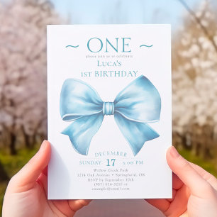 Elegant Dusty Blue Bow First Boy Birthday Invitation