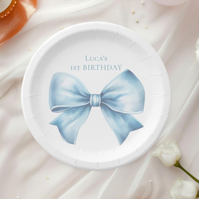Elegant Dusty Blue Bow First Boy Birthday  Paper Plate (Creator Uploaded)
