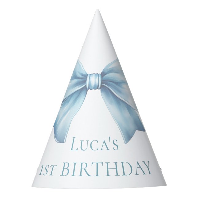 Elegant Dusty Blue Bow First Boy Birthday  Party Hat (Front)