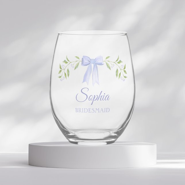 Elegant Dusty Blue Bow Name Bridesmaid Proposal Stemless Wine Glass (Personalized bridesmaid stemless wine glass with floral bow design perfect for bridesmaid proposals)