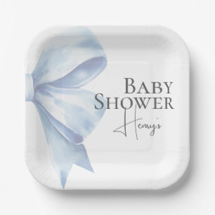 Elegant Dusty Blue Bow Watercolor Baby Shower Boy Paper Plate