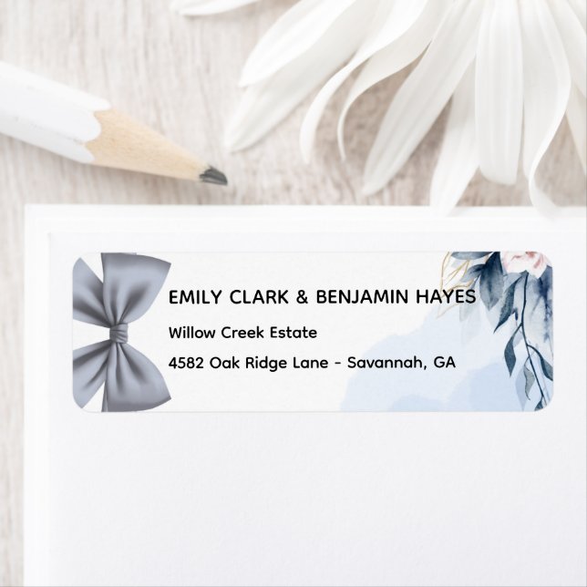Elegant Dusty Blue Bow Wedding Return Adress Address Label (Insitu)