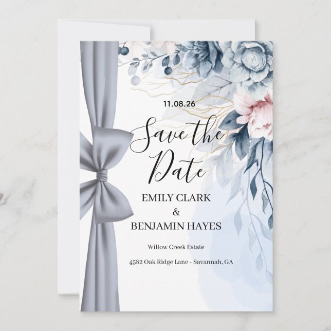 Elegant Dusty Blue Bow Wedding Save The Date (Front)