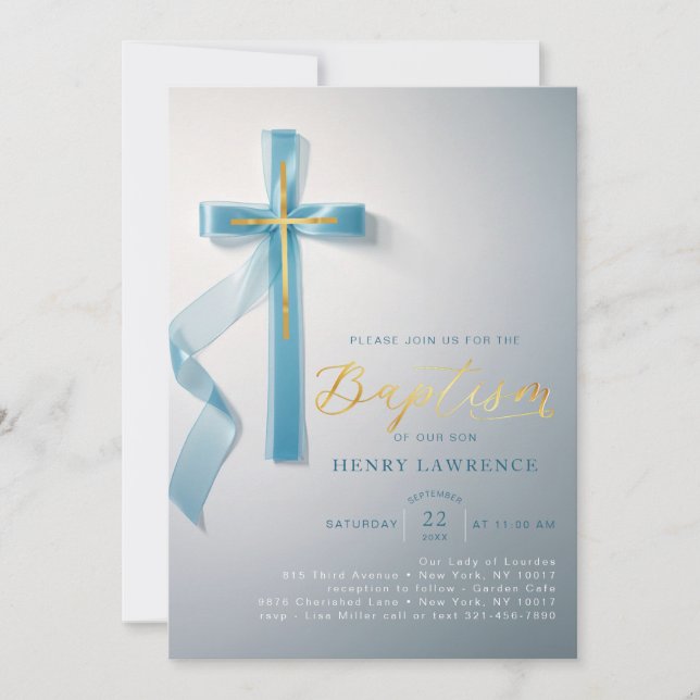 Elegant Dusty Blue Boy Baptism Invitation (Front)