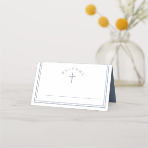 Elegant Dusty Blue Boy First Holy Communion Place Card