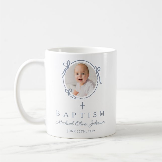 Elegant Dusty Blue Boy Photo Baptism Coffee Mug (Left)