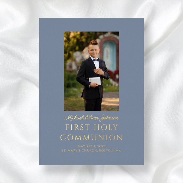 Elegant Dusty Blue Boy Photo First Communion Gold (Elegant Dusty Blue Boy Photo First Communion Gold Foil Invitation)