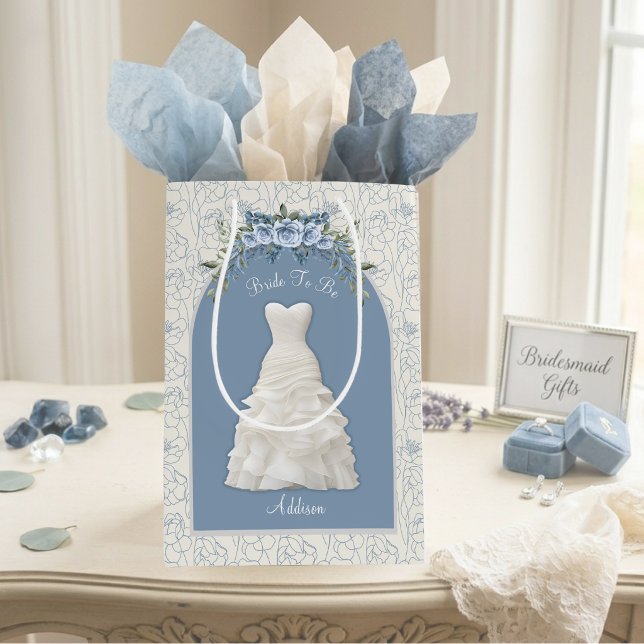 Elegant Dusty Blue Bride To Be Medium Gift Bag (Elegant dusty blue Bride To Be gift bag personalized luxury wedding wrap with custom name)