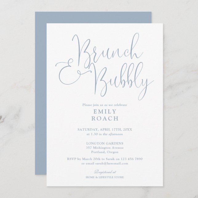 Elegant Dusty Blue Brunch And Bubbly Bridal Shower Invitation (Front/Back)