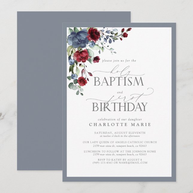 Elegant Dusty Blue Burgundy Baptism 1st Birthday Invitation (Front/Back)
