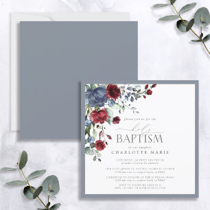 Elegant Dusty Blue Burgundy Floral Baby Baptism Invitation