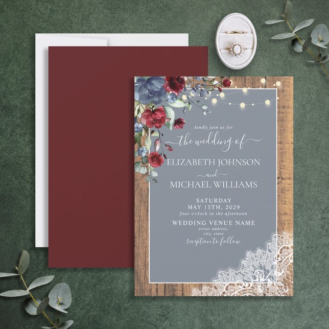 Elegant Dusty Blue Burgundy Floral Lace Wood Invit Invitation (Creator Uploaded)