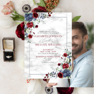 Elegant Dusty Blue Burgundy Floral Photo Wedding Invitation