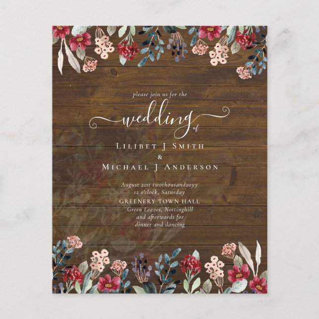 Elegant Dusty Blue Burgundy Floral Wedding Flyer (Front)