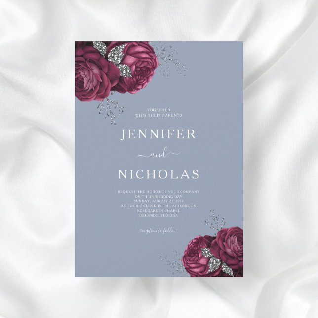 Elegant Dusty Blue Burgundy Floral Wedding Invitation (Creator Uploaded)