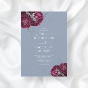 Elegant Dusty Blue Burgundy Floral Wedding Invitation