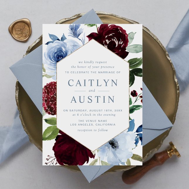 Elegant Dusty blue burgundy flowers wedding Invitation (Creator Uploaded)