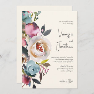 Elegant Dusty Blue Burgundy Ivory Floral Invitation