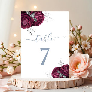 Elegant Dusty Blue Burgundy Peonies Table Number