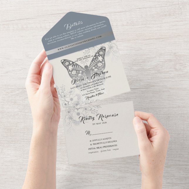 Elegant Dusty Blue Butterfly Wedding All In One Invitation (Tearaway)