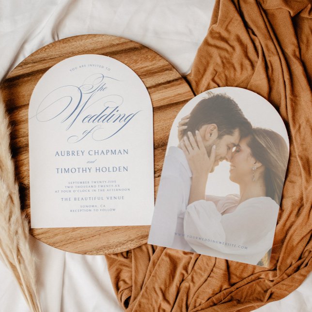 Elegant Dusty Blue Calligraphy Arch Wedding Invitation (Creator Uploaded)