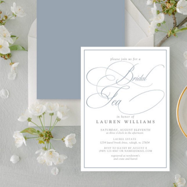 Elegant Dusty Blue Calligraphy Formal Bridal Tea Invitation (Creator Uploaded)