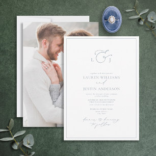 Elegant Dusty Blue Calligraphy Monogram Photo Invitation
