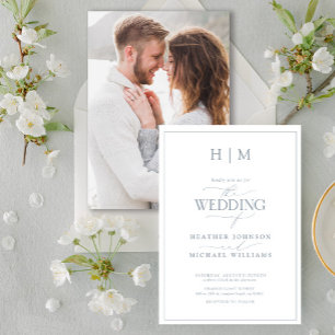 Elegant Dusty Blue Calligraphy Monogram Photo Invitation