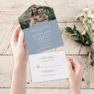 Elegant Dusty Blue Calligraphy Photo Wedding All In One Invitation