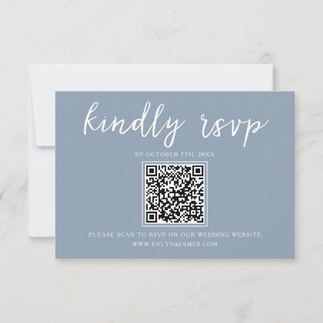 Elegant Dusty Blue Calligraphy QR Code Wedding RSVP Card (Front)