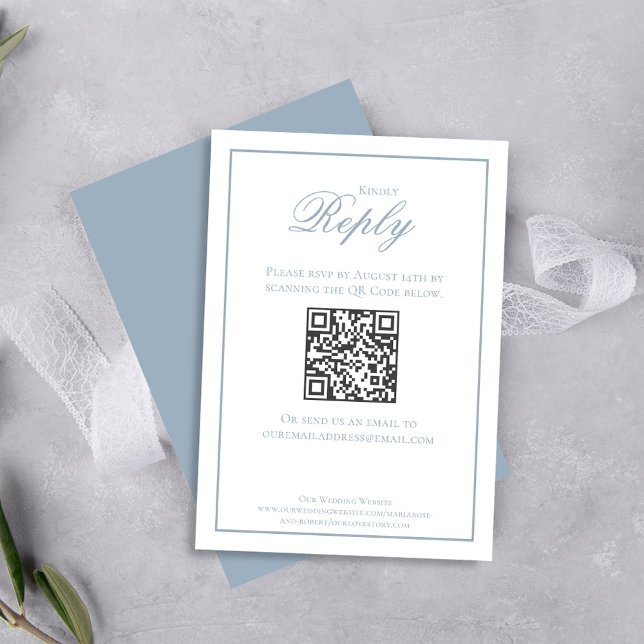 Elegant Dusty Blue Calligraphy Script RSVP Card (Elegant dusty blue rsvp card with scannable QR code. )