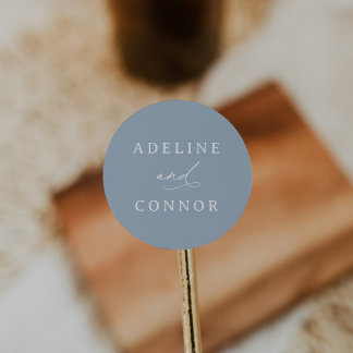 Elegant Dusty Blue Calligraphy Wedding Classic Round Sticker